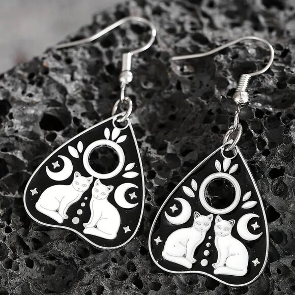 #31 Bohemian Gothic Planchette Style Cat Crescent Moon Dangling Drop Earring - Picture 1 of 1